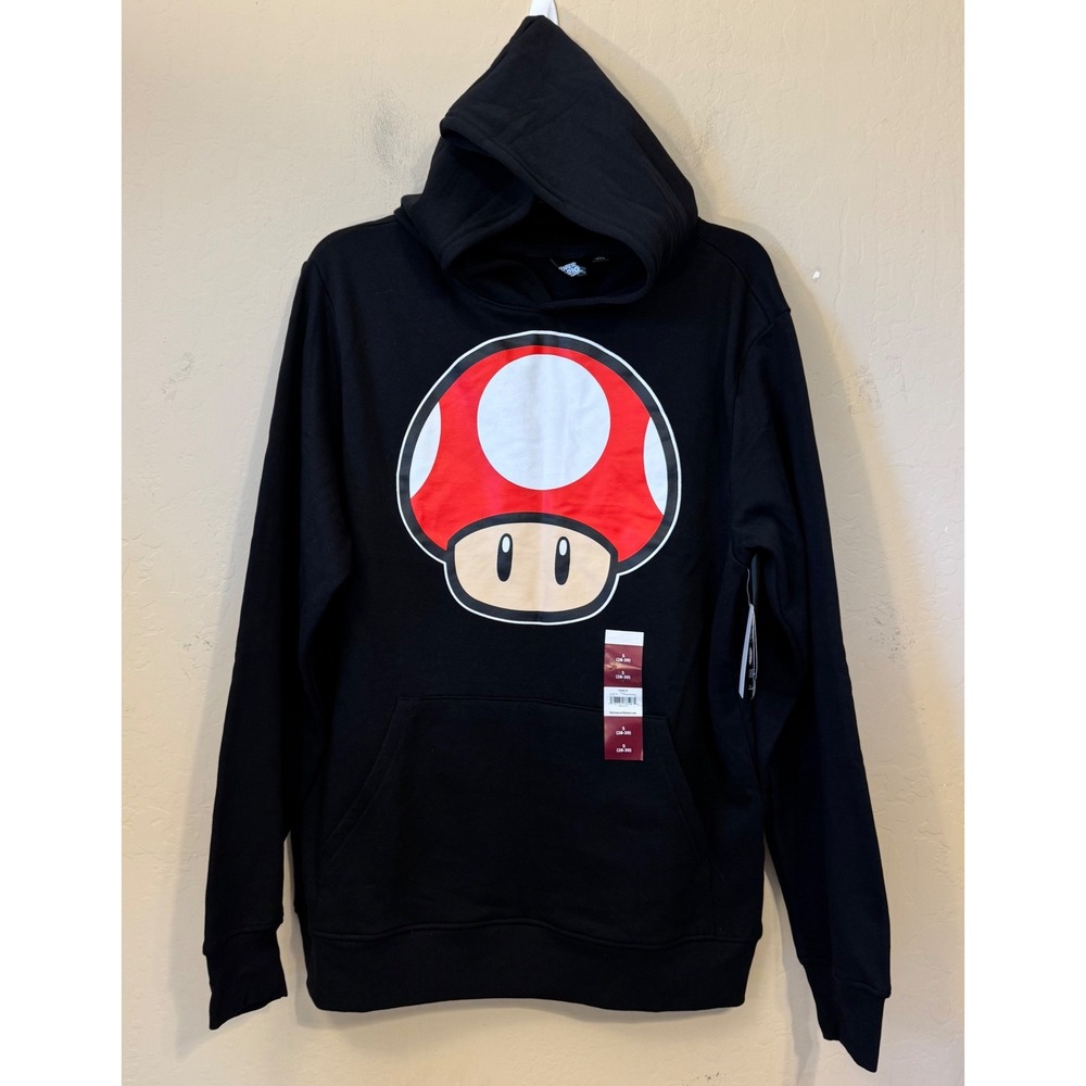 Super‎ Mario Hoodie Men Small Black Red Mushroom Nintendo Graphic Pullover NEW